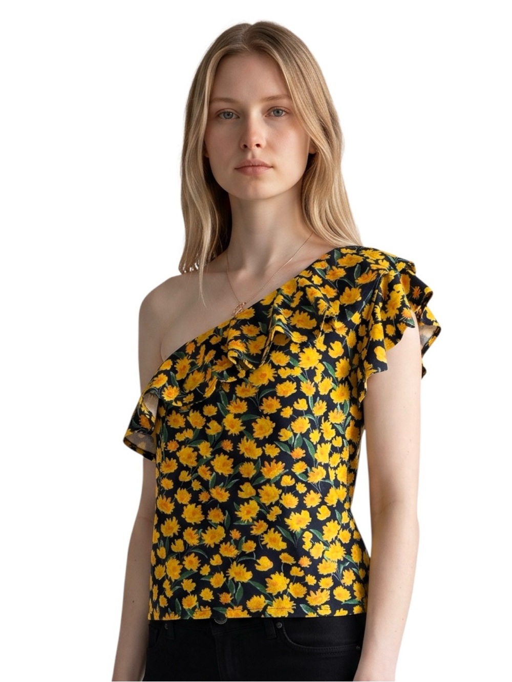 Anthropologie One-Shoulder Ruffled Floral Top